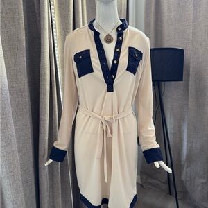 Tory Burch Cream and Navy Blue Long Sleeve Dress